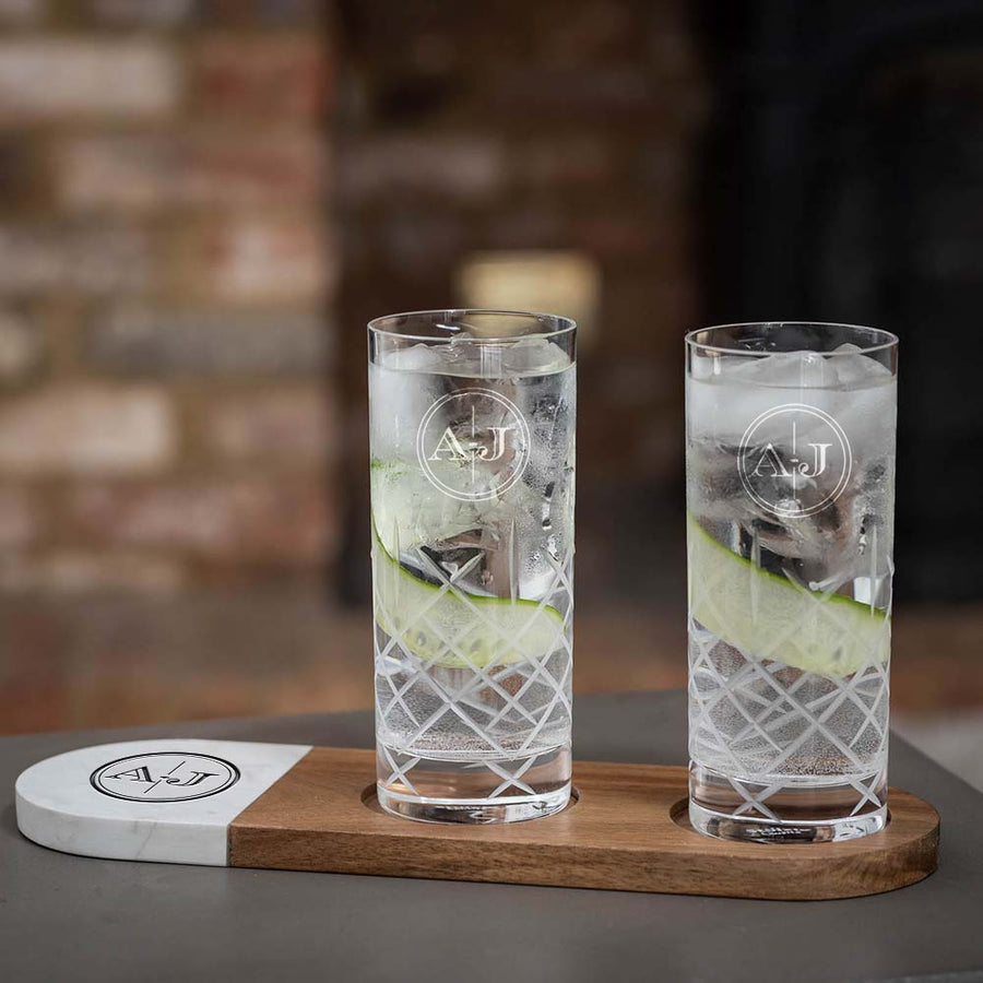 Double Marble & Wood Drinks Tray