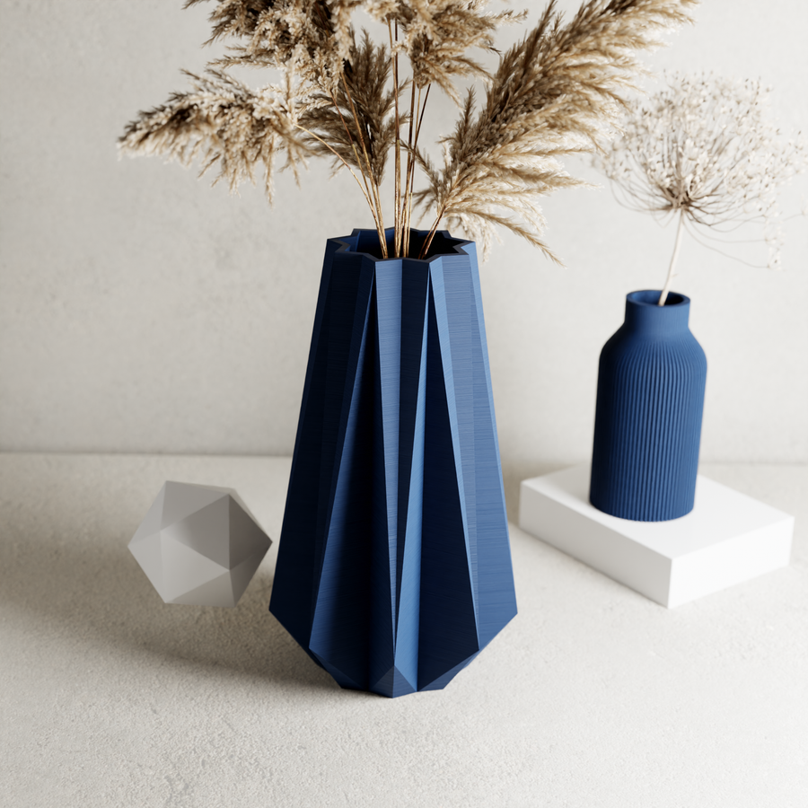 3D Printed Navy Blue Large 'TIMBER' Vase for Dried Flowers